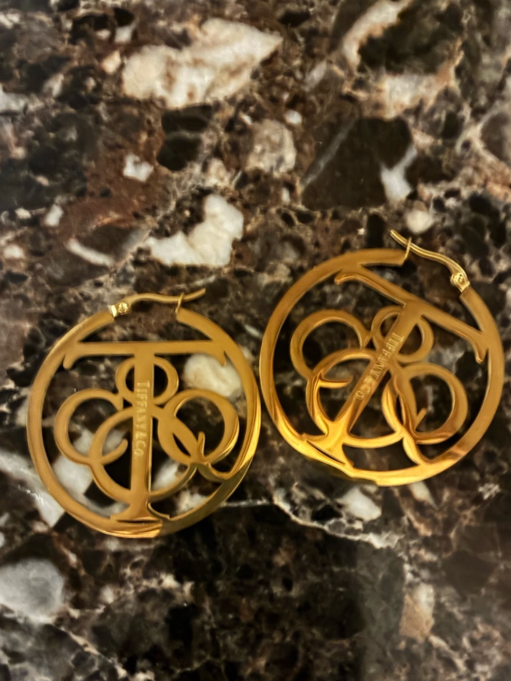Tiffany & Co. Gold Monogram Circle Hoop Earrings - Picture 2 of 3